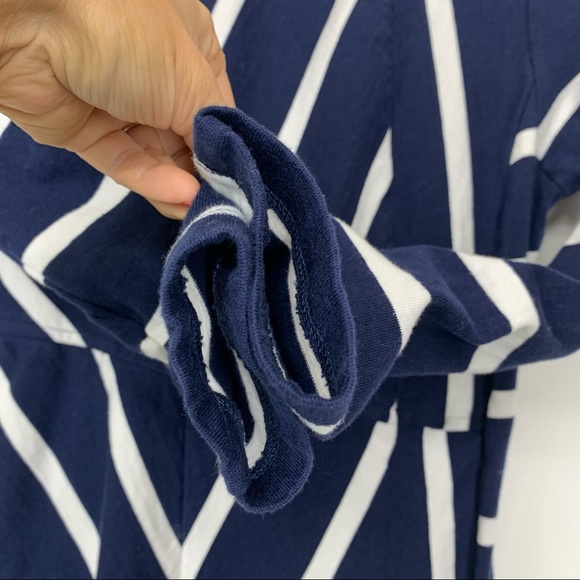 EShakti Asymmetrical White Striped Navy Cotton Spandex Flared Dress W/ Sleeves - Picture 8 of 16